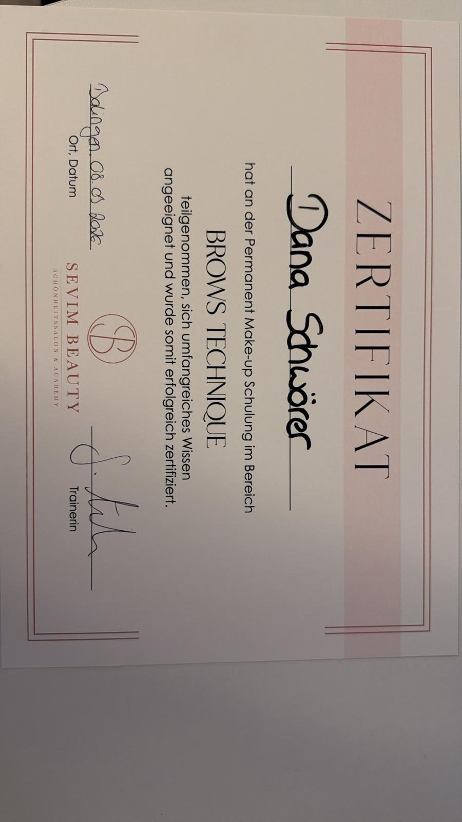 Zertifikat Permanent Make-up – Brows Technique, ausgestellt von Sevim Beauty Academy